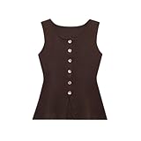 Ärmellose Strickweste für Damen, Rundhalsausschnitt, Knopfleiste vorne, ausgestellter Saum, dunkelbraun, L