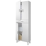 ARKITMOBEL, freistehender Badezimmer-Hochschrank in Weiß Hochglanz, 4 stabilen Füßen, viel Stauraum, 4 Türen & 1 Schublade, platzsparender Badschrank, Maße: 60 x 182 x 29 cm (B x H x T), Modell Aruba