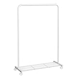 SONGMICS Kleiderständer, Kleiderstange auf Rollen, Garderobenständer Metall, Rollgarderobe 91 cm breit, mit Ablage, 2 Rollen mit Bremse, Stange bis 40 kg belastbar, weiß HSR025W01