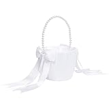 Blumenmädchen Korb mit Perle Henkle, Satin Schleife Hochzeit Blume Korb weiß Blume Korb für Blumenmädchen
