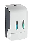 WENKO 2-Kammer Desinfektionsmittel- und Seifenspender Tartas Weiß, hygienischer Wand-Spender für Desinfektionsmittel, flüssige Seife etc. ohne Bohren, Füllmenge je Kammer: 480 ml, 14,5 x 24 x 9 cm