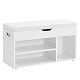 VASAGLE Schuhbank mit Sitzfläche, Sitzbank mit Stauraum, gepolstert, 3 offene Fächer, Fach unter Sitzkissen, Schuhregal für Wohnzimmer, Flur, bis 136 kg belastbar, wolkenweiß LHS30W