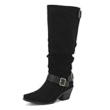 Damen-Stiefel, breit, kniehoch, Winter, hohe Stiefel, Gürtelschnalle, Dekor, quadratischer Zehenbereich, klobiger Absatz, Motorradschuhe, Schwarz , 41 EU