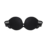 TOFBS Damen Trägerloser BH Bügel Bandeau BH mit Vorderer Schnalle Spitze Rückenfrei BH Push Up Rutschfester Unsichtbarer BH Gepolstert Nahtloser Bralette (Schwarz,S)