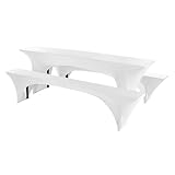 Granbest Stretch Bierzeltgarnitur 50cm oder 70cm Tischbreite Set von 3, Elastisch Biertischhussen, Picknicktisch- und Bankett-Set, Perfekte Passform für Picknicktische & Bänke (220 x 50 cm, Weiß)
