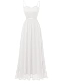 DRESSTELLS Abendkleider Elegant für Hochzeit Festlich Ballkleid Damen Lang Brautkleid Standesamt Weiß Brautjungfernkleider mit Spaghettiträger Jugendweihe Kleider White M