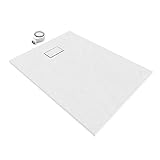 SMC BOREAL Duschwanne 120x90 cm, Extra Flache und Robuste Duschtasse 26MM aus Langlebigem Material Mit Anti-Rutsch-Oberfläche in Schieferoptik/Steinoptik, Inkl. Ablaufgarnitur Mit Deckel - Weiß