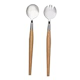 VALICLUD 2 Stück Salatbesteck Edelstahl mit Holzgriff Salatlöffel und Gabel für Obst Schulessen und Partys Angenehmes Handling ohne Kanten Klassisches Design Passend zu Jedem Geschirrstil