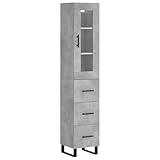 Highboard mit Glastür und 3 Schubladen, Sideboard, Aufbewahrungsschrank mit Metallbeinen für Wohnzimmer, Büro, Betongrau 34,5x34x180 cm Holzwerkstoff