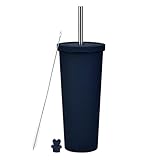FRANIKAI® Isolierter Reisebecher aus Edelstahl, doppelwandig, spritzwassergeschützter Deckel, Gummi-Malerei, 830 ml, Kaffeetasse, Becher für Zuhause, Büro, Reisebecher (marineblau)