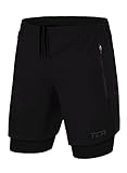 TCA Ultra Laufhose Herren 2 in 1 Kurze Sporthose Trainingsshorts Laufshorts mit integrierter Kompressionshose und Reißverschlussfach - Schwarz (2X reißverschlusstasche), M