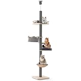 COSTWAY Kratzbaum deckenhoch, 236-271 cm, von Boden bis Decke, 5-stöckiger Katzenbaum, Katzenkratzbaum hoch, Kletterbaum mit Hängematte & Korb & Bett, Katzen Katzenmöbel Holz, Grau