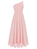iEFiEL Elegante Mädchen Kleid Festlich EIN-Schulter Hochzeitskleid Lang Blumenmädchenkleider Prinzessin Kleid Cocktailkleid Chiffon Partykleid Rosa 170-176
