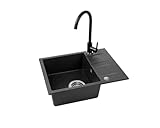 VBChome Spülbecken mit Armatur 56 x 44 cm Schwarz Granit Einzelbecken Einbauspüle Gesprenkelt Reversibel Granitspüle Siphon Waschbecken