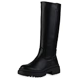 VAN HILL Damen Leicht Gefütterte Plateaustiefel Blockabsatz Stiefel Plateau Vorne Schuhe Profilsohle Boots Plateauschuhe 208681 Schwarz 38