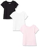 Amazon Essentials Mädchen Kurzärmlige T-Shirt-Oberteile (zuvor Spotted Zebra), 3er-Pack, Weiß/Schwarz/Rosa, 6-7 Jahre