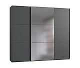 Moderner 3-türiger Schwebetürenschrank B/H/T 250/216/65 cm Anthrazit mit Spiegel und schwarzen Griffleisten, inkl. Selbsteinzug, Einlegeböden, Kleiderstangen, Schubladen, Wäscheeinteilung / 22015
