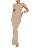 REORIA Damen Sommer Sexy Lounge Tank Langes Kleid Elegant Ärmellos Neckholder Figurbetont Maxikleider Khaki M