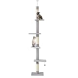 EROMMY Kratzbaum,Kratzbaum Deckenhohe,230-268cm höhenverstellbar,5 Etagen Moderner Katzenbaum hoch schmal,Sisal + Plüsch-kratzbaum schmal hoch mit Plattform und Aufhängekugel,Grau