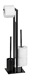 WENKO Stand WC-Garnitur Mod. Rivalta, mit integriertem Toilettenpapierhalter und WC-Bürstenhalter, lackierter Stahl, 23 x 70 x 18 cm, Schwarz matt