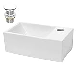 LuxeBath Waschbecken Keramik, Weiß, 350x205x125 mm, eckig mit Ablaufgarnitur Weiß, Einbauwaschbecken mit Hahnloch rechts, Aufsatzwaschbecken Einbauwaschtisch Waschschale Waschplatz Handwaschbecken