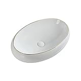 YHxFlux Waschbecken Bad Ovales weißes Keramik-Waschbecken und Pop-Up-Abfluss-Kombination, Moderne Ei-Form, Aufsatzwaschbecken for Badezimmer, Elegante Dekoration mit goldenem Rand Aufsatzbecken(48cm)