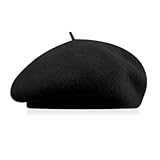 GIDWRIY Französische Klassische Baskenmütze Damen,Barett Damen Wolle,Franzosen Mütze,French Beret,Wintermütze Barett Hut,Künstler Mütze Pantomime,Barette für Frühling Herbst Winte - Schwarz