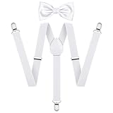 AOOWU Hosenträger für Herren, Breit 2.5 cm mit sehr Starken 3 Metall Clip, 2er Set mit farblich passender Fliege, Einstellbar und Elastisch Einheitsgröße für Männer und Damen, X Style (Weiß)