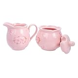 ELEOUTI Keramik Milchkanne und Zuckerdose Handlicher Milchtopf mit Einzigartigem Ausgießer Spülmaschinenfest für Heiße und Kalte Getränke Rosa Kirschblüten Motiv für Küche und Zuhause