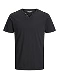 JACK & JONES Herren Basic T-Shirt V-Ausschnitt Kurzarm Jersey Baumwolle Shirt mit Knöpfen JJESPLIT, Farben:Schwarz, Größe:L