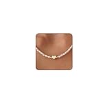 Irikdescia 14K Goldene Perlenkette Damen Mit Weißen Perlen Und Herz Anhänger, Halskette Aus Gold Für Damen, Weiße Perlenhalskette Lang, Damen Kette Schmuck