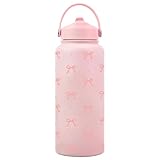 Thermobecher – 1 Liter vakuumisolierte Flasche, Edelstahlbecher mit Strohhalm und Schleifen-Design, stabile tragbare Trinkflasche, Kaffeebecher für Tee, Milch, Saft, Schule, Arbeit, Picknick