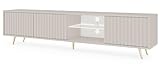 Selsey TV Schrank Board Sideboard Fernsehtisch Fernsehschrank Mit Lamellen Und LED Beleuchtung 175 cm Goldene Beine Grau Beige Bello