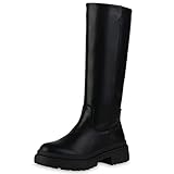 VAN HILL Damen Leicht Gefütterte Plateaustiefel Stiefel Blockabsatz Schuhe Profilsohle Plateauschuhe Freizeit Plateau Vorne Boots 208849 Schwarz 40