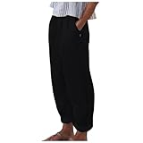 Chejarity Leinenhose Damen 7/8 Lang und Locker: Gerades Bein Sommerhose mit Kordelzug – Bequeme Freizeithose Sporthose Jogginghose Haremshose Luftig Marlenehose mit Taschen