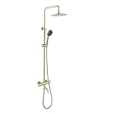 CWCQGH Duschthermostat, Wandmontage-Badezimmer-Duscharmatur-Set aus Messing, höhenverstellbar, 3-Strahl-Handbrause, Regenfall, Wasserfall, mit 59-Zoll-Edelstahlschlauch, Bürste,Brushed Gold