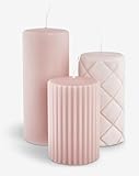 Set mit 3 dekorativen Stumpenkerzen, Rosa, verschiedene Designs, 6 cm x 9-14 cm, 25-42 Stunden Brenndauer
