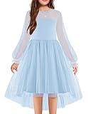 Arshiner Mädchen Kleid Langarm Festlicheskleid Blau Kinder Mesh Partykleid High-Low Tüllkleid Hochzeit Blumenmädchenkleider Ballkleid 10-12 Jahre