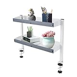 HOARLICN Klemmregal Schreibtisch, 2 Ebene Klemmbare Schreibtisch-Organizer Ltischregal Table-Top Shelf mit Erhöhtes Geländer für Schlafzimmern, Wohnzimmern Tragfähigkeit Jede Ebene 10kg (Weiß)