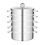 Mantowarka Dampfkocher – 5 Etagen Dampfgarer aus Edelstahl mit Glasdeckel, Induktionsgeeigneter Dampftopf Steamer Pot 30cm für Gemüse & Dumplings