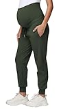 Gowjog Damen Umstandshose Jogginghose Sweatpants Kordelzug Taschen Schwangerschaft Hosen Laufen Lounge Workout Hose (Armeegrün,M)