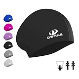 Silikon-Badekappe für langes Haar, ergonomisches 3D-Design, Silikon-Badekappen für Damen, Kinder, Herren, Erwachsene, Jungen, Mädchen, mit Ohrstöpsel und Nasenklammer (Schwarz/L)