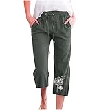 PYOJKO Jogginghose Damen 3/4 Baumwolle Leinen Sommerhose Leicht Sporthose Sommer Freizeithose Shorts Einfarbig Hose Baggy Kordelzug Taille Yogahose Lockere Trainingshose Druck Sweathose