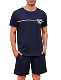 Marvmys Herren Schlafanzug Kurz Sommer Pyjama Baumwolle Rundhals Zweiteilige Pyjamas mit Kurzarm T-Shirt Pyjamahose für Männer S-3XL