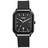 JewelryWe Herrenuhr Silikon Rechteckige Uhr: Klassische Einfache Datum Kalender Analog Quarz Armbanduhr Herren Damen Schwarz Gummi Armband Lässige Sport Uhr mit Eckigem Zifferblatt