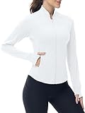 YSENTO Damen Sportjacke Laufjacke Funktionsjacke Wanderjacke Leicht Langarm Yoga Gym Sport Oberteil Atmungsaktive mit Daumenloch(Weiß,M)