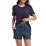 Xuepelit Schlafanzug Damen Kurz Pyjama Damen Sommer Zweiteiler Damen Baumwolle Set Schlafshirt Damen Kurzarm Shorty, Blue 2XL