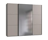 Moderner 3-türiger Schwebetürenschrank B/H/T 250/216/65 cm Sand Grau mit Spiegel und schwarzen Griffleisten, inkl. Selbsteinzug, Einlegeböden, Kleiderstangen, Schubladen, Wäscheeinteilung / 22014