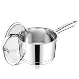 Homikit Stielkasserolle 16cm, Edelstahl Kochtopf Kasserolle induktion mit Glasdeckel, 1,9l Milchtopf mit 3-Lagen Boden für alle Herdarten, Geeignet für Kochen, Ungestrichen & Spülmaschinenfest