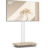 AOKCOS TV Ständer Rollbar mit Holzablage, Fernsehständer auf Rollen für 32-65 Zoll Fernseher, TV Bodenständer Höhenverstellbar Schwenkbar, bis 40 kg Max. VESA 400x400mm (Weiß+Natur)